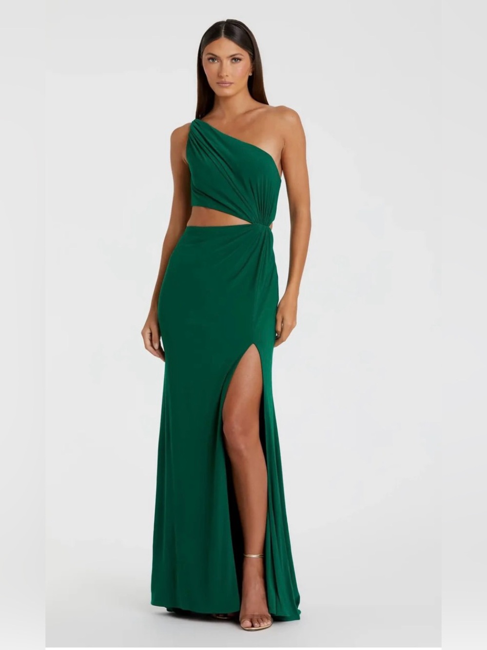 NWT MacDuggal Green One Shoulder Ruched Cut Out Jersey Gown Size 2